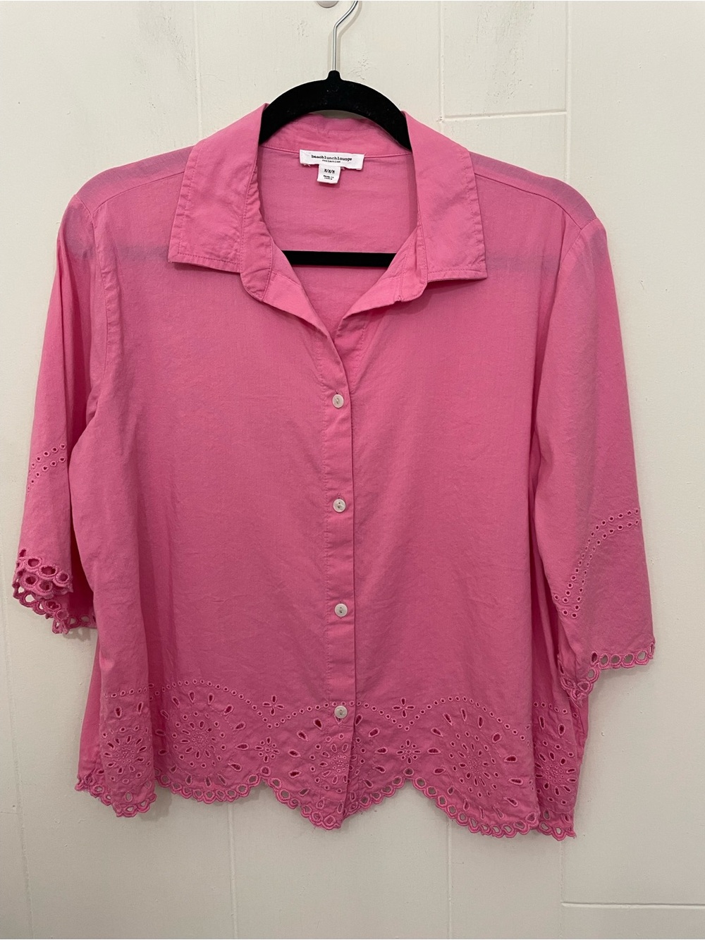 Beach Lunch Lounge Pink Button Up Shirt Size M Eyelet Scallop Lace Short Sleeve